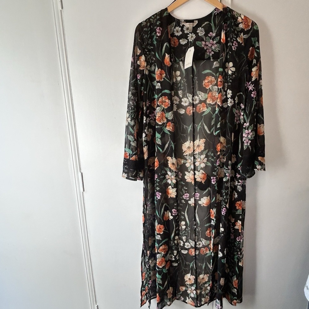 Wonderly Black Floral Sheer Longline Kimono Duster Lace Trim XS NWT $78